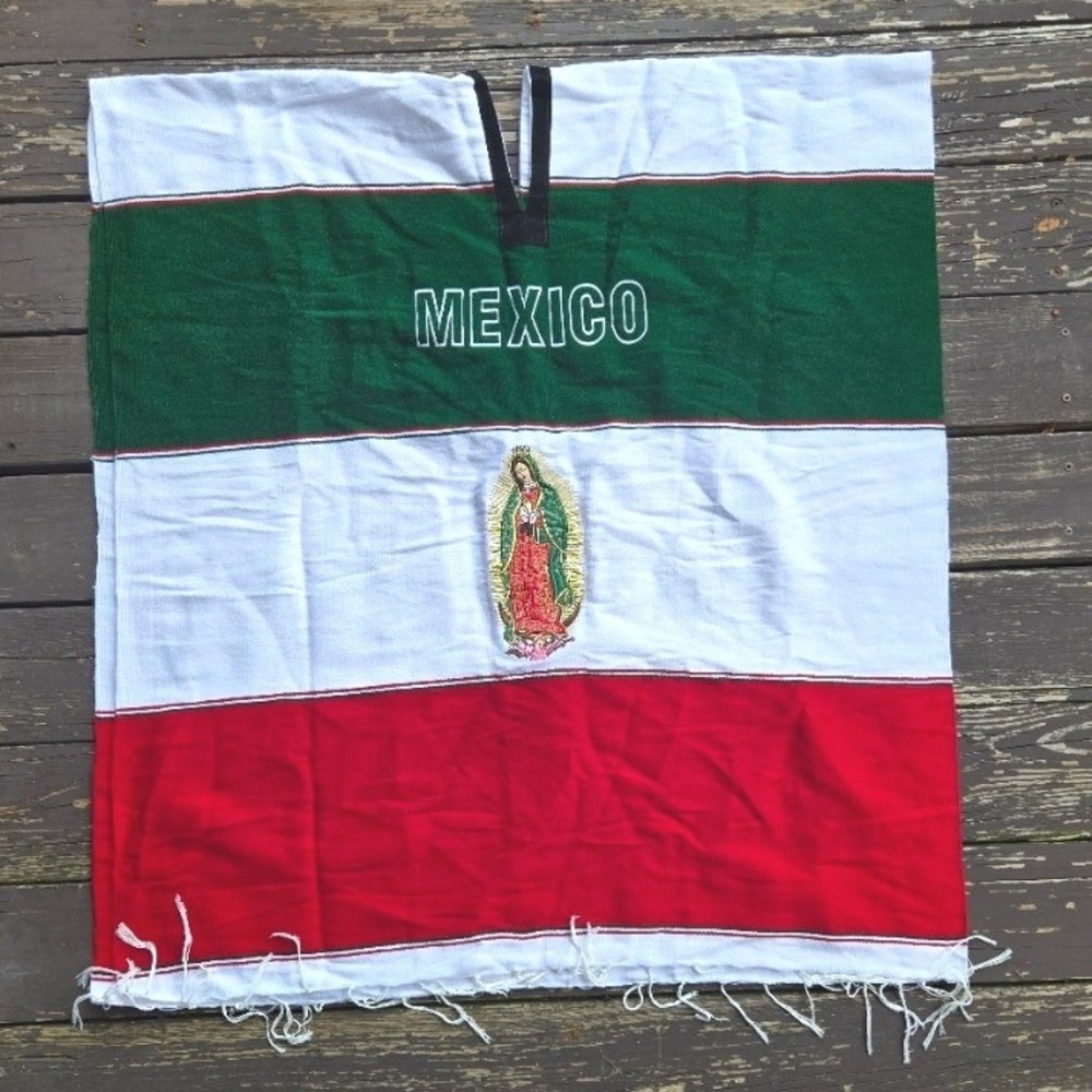Mexican Flag Poncho Our Lady of Guadalupe Serape Jorongo Fringe